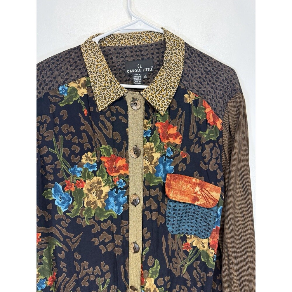 Vtg Carole Little Women Tunic Shirt  Boho Animal Print Floral Button Up Brown 16 - Picture 8 of 13